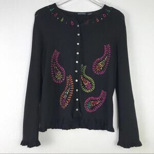 Vintage Y2K Embroidered Colorful Paisley Cutout Ruffle Trim Black Cardigan L